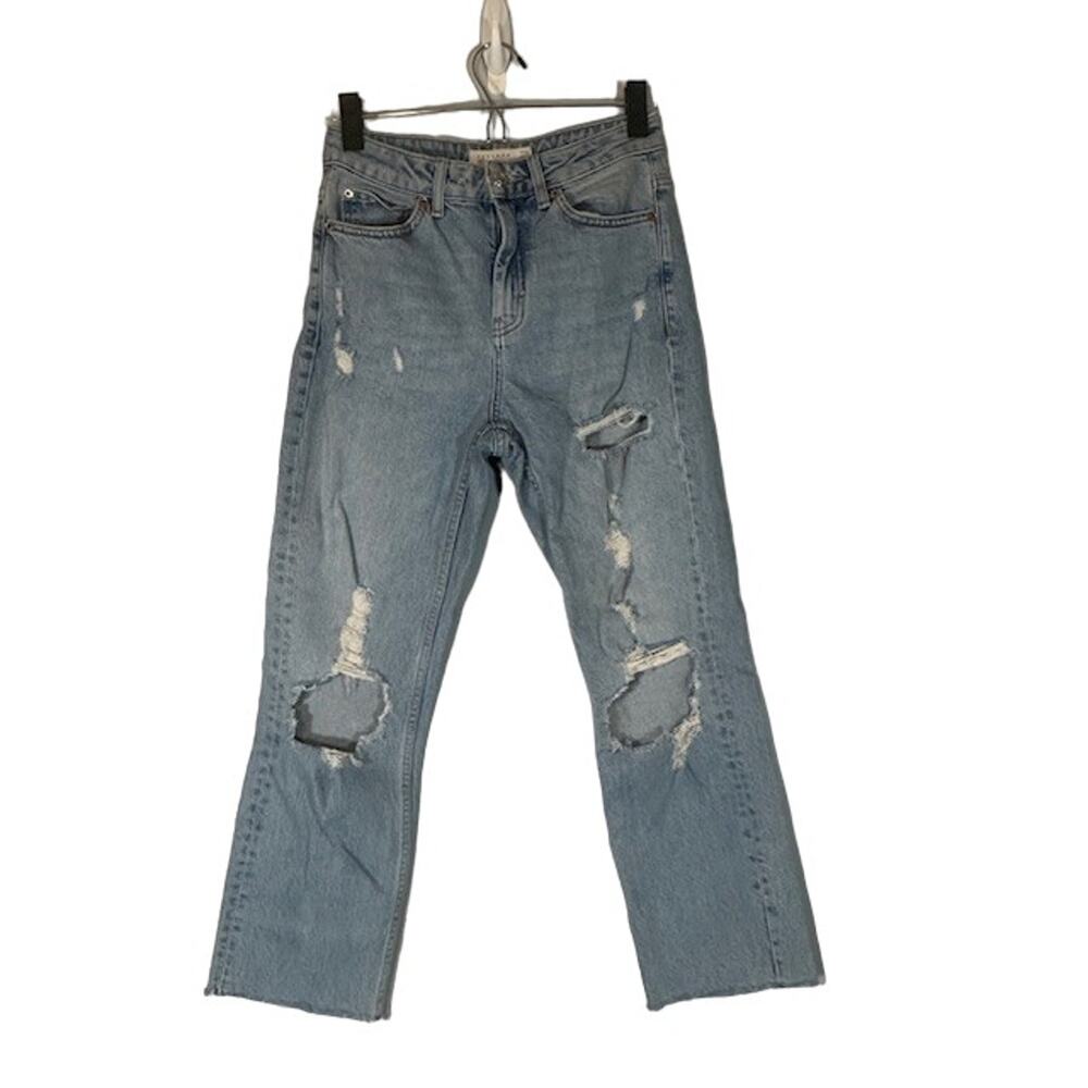 Topshop Blue Destroyed Cotton Blend Ripped Straight Denim Jeans Women Sz 26/30